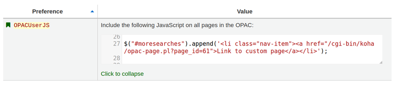 Example of using javascript in the OPACUserJS system preference to add a link to a custom page under the search bar in the OPAC