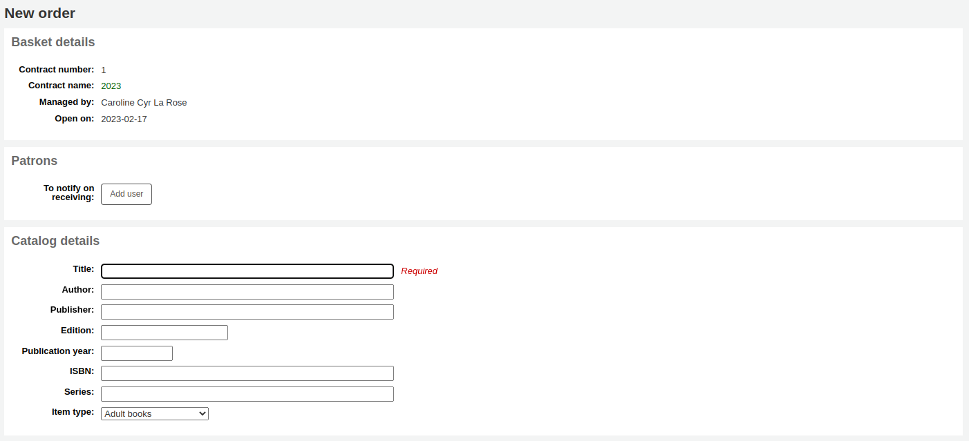 Order form with empty record fields