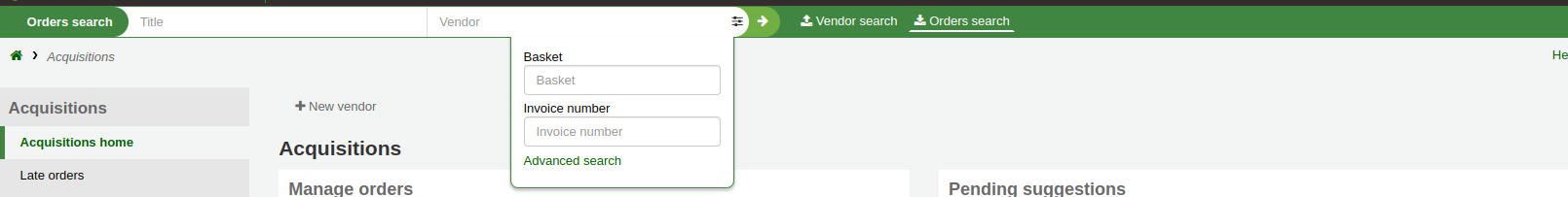 The search bar at the top of the page has two options in the acquisitions module, Vendor search and Orders search, this show the order search option, expanded