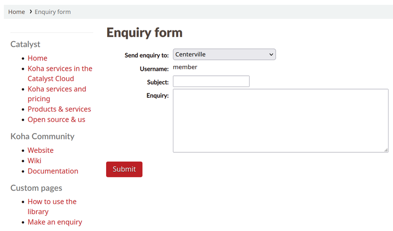 Example of a custom page, with a form for patrons to send enquiries to the library