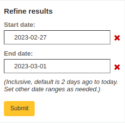 Refine results filters on the holds to pull page, start date and end date