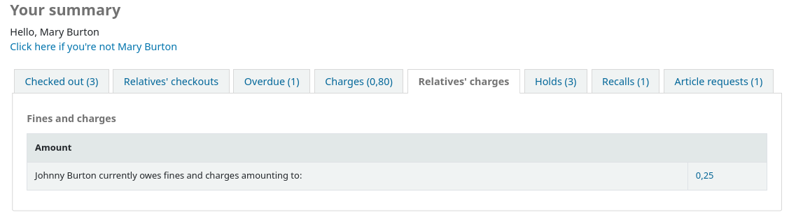 The Relatives' charges tab in a patron's summary page on the OPAC