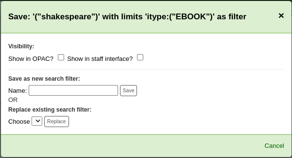 Form to save a search as a filter