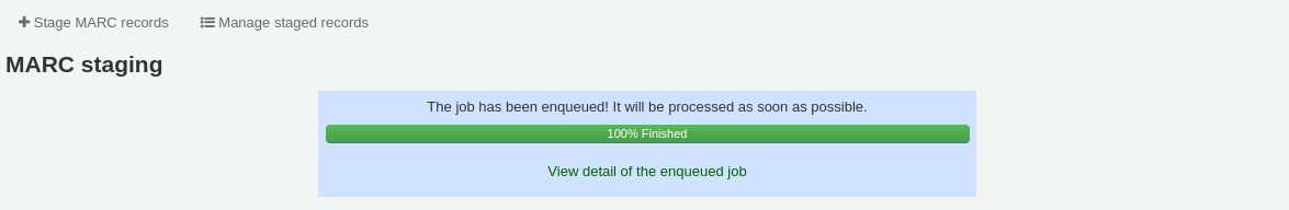 Message saying the record staging job has been enqueued, with a link to see the job