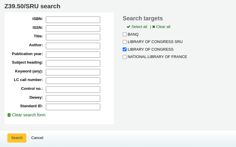 Z39.50 search form, search fields on the left, Z39.50 targets on the right