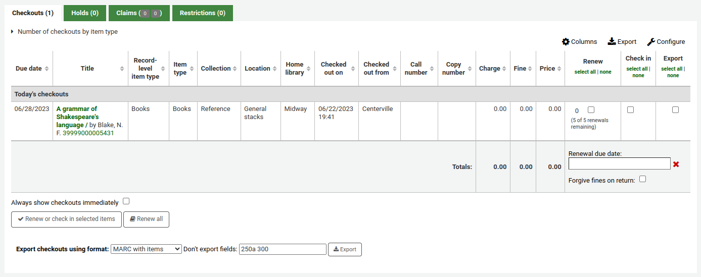 Checkouts table in a patron's account, the last column of the table is 'Export', and at the bottom of the table, there is an option to export checkouts and not export specific fields