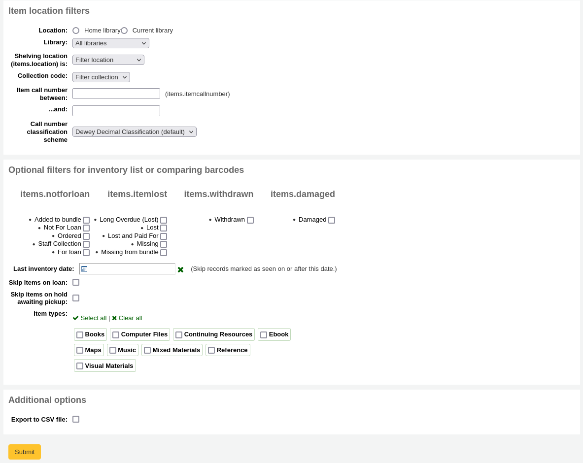 The inventory form, the sections Item location filters, Optional filters for inventory lists or comparing barcodes, and Additional options