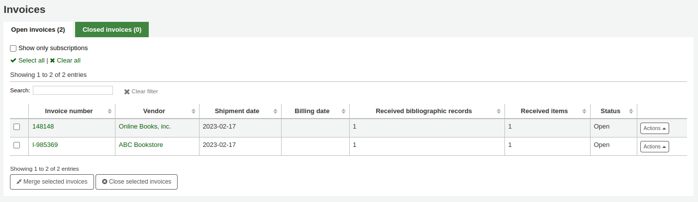 List of invoices, separated in tabs for open and closed invoices