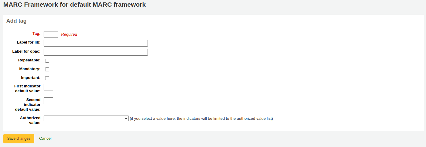 Form to add a new MARC tag in a MARC bibliographic framework