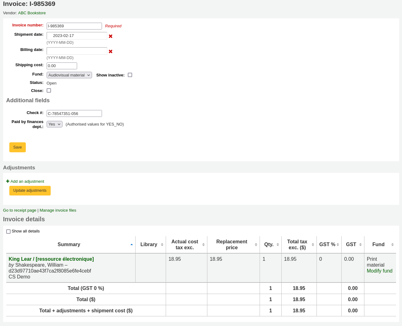 Detailed invoice page, with additional fields and AcqEnableFiles enabled