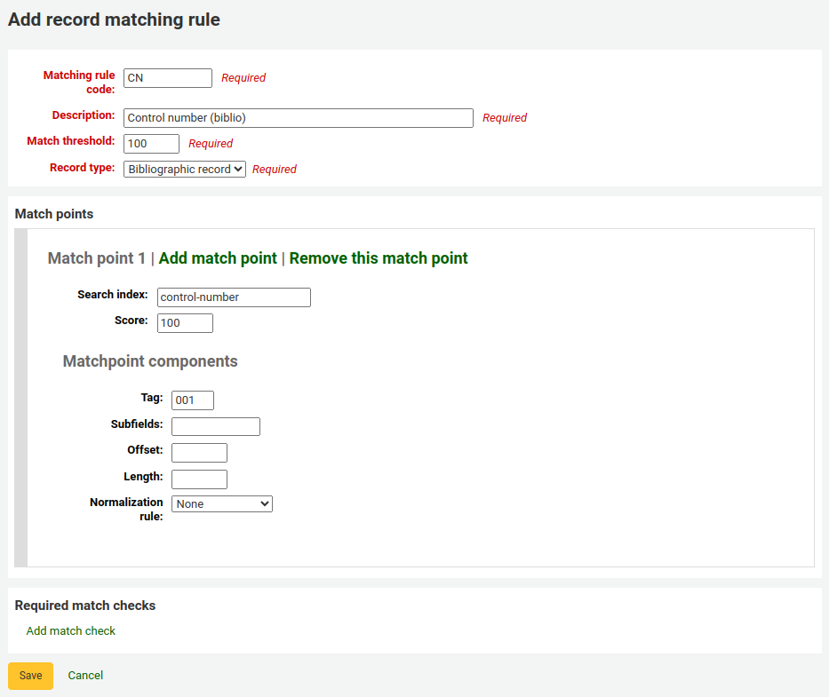 Add record matching rule form filled with the example data