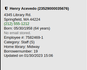 The brief display of patron information on the left of the patron file, it has an extra line with Employee #