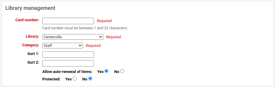 'Library management' section of the patron form