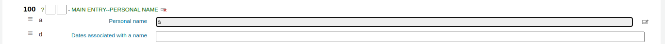 View of the 100 MARC21 field, Main entry personal name, and subfields 100$a, Personal name, and 100$d, dates associated with a name. 100$a, Personal name, is grayed out and has a lock icon in the field.