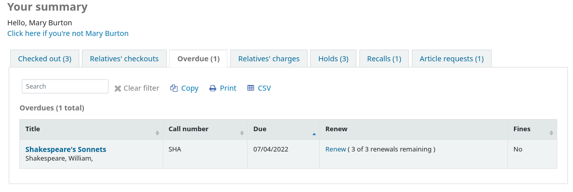 The Overdues tab in a patron's summary page on the OPAC