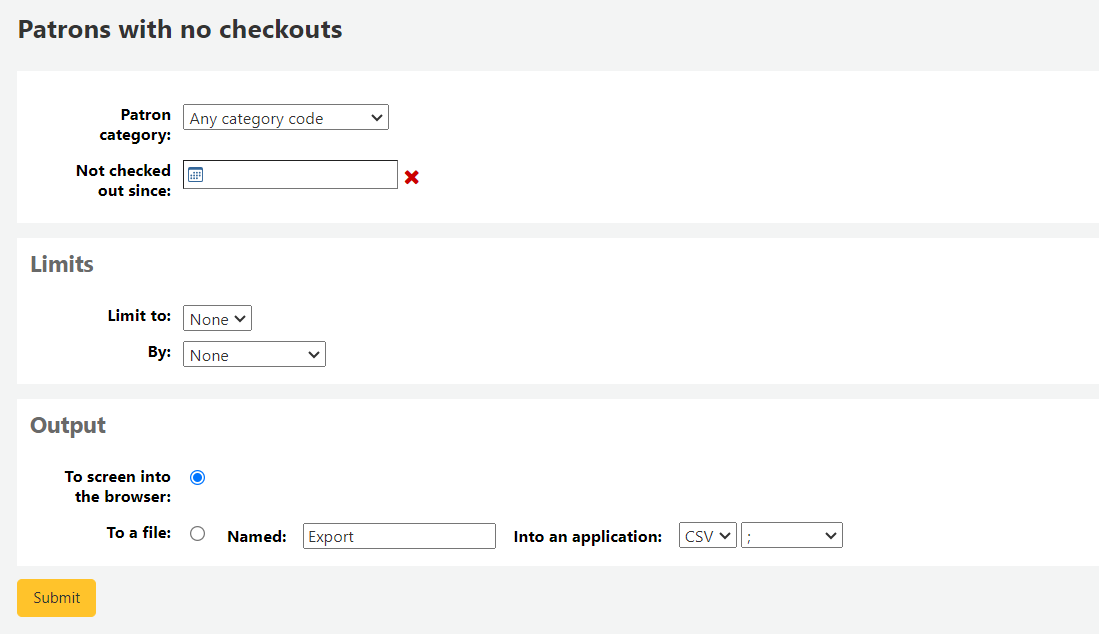 Report form for creating a report of patrons who have never checked out items