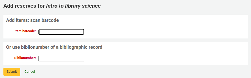 Page to add reserves to a course by barcode or biblionumber