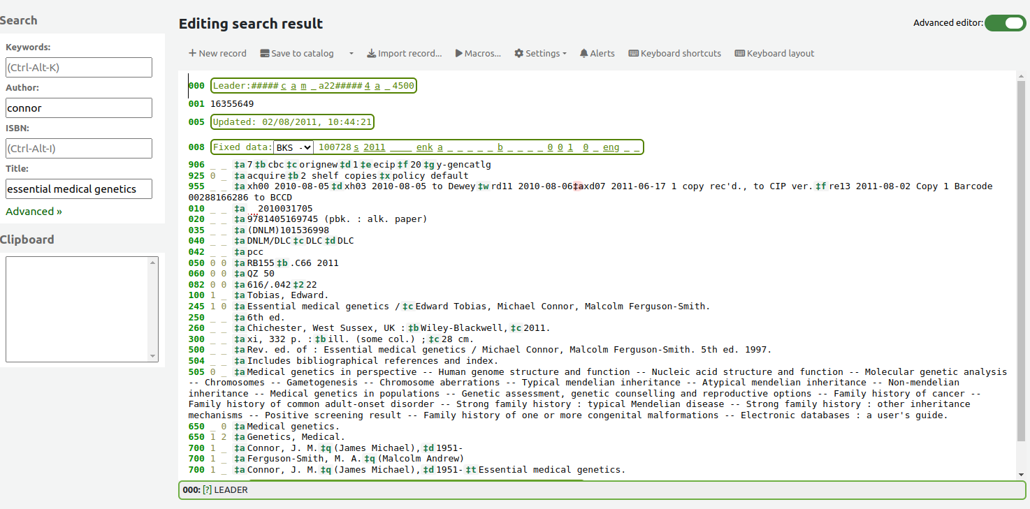 Advanced cataloging editor screen. The record is visible in the editor.