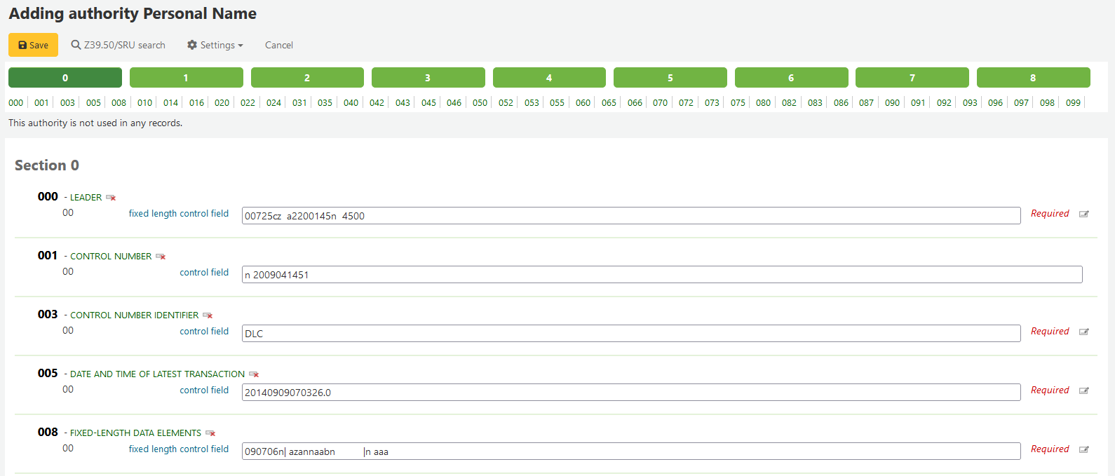 Authority record cataloging form showing data imported from a Z39.50/SRU search