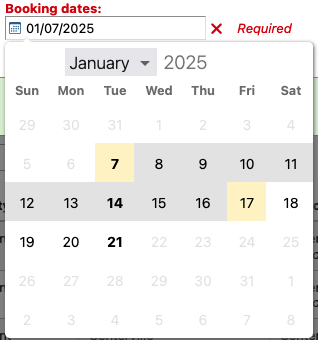 Booking dates calendar widget, with the start date of 7 January selected and the mouse hovering over the 17 January. 7 and 17 are highlighted with a yellow background; the dates in between with grey. 7, 14 and 21 January are in bold. Dates before 7 and after 21 are greyed out.