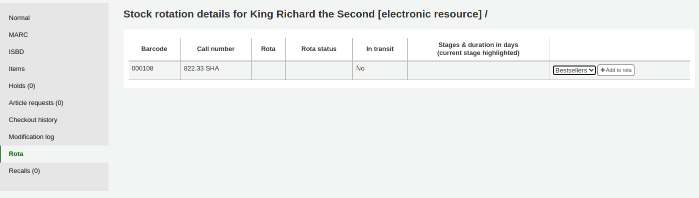 The 'Rota' tab in a detailed record in the staff interface catalog, the options are to add the item to a rota