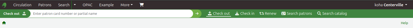 Navigation bar at the top of the staff interface page. Two links were added using the IntranetNav system preference : OPAC and Example. They appear to the left of the More menu.