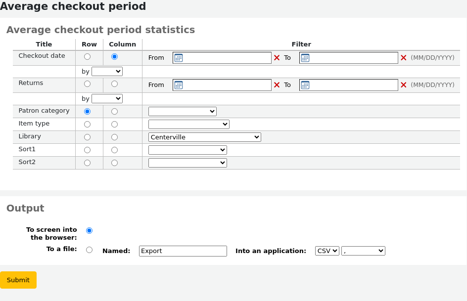 Wizard to generate report for average loan time, with options to select the report parameters (checkout date, patron category, item type...)