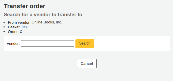 Vendor search box for transferring orders