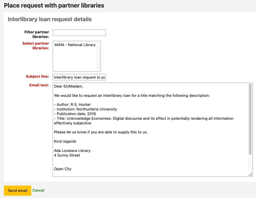 On the Place request with partner libraries page, we can see fields for: Filter partner libraries; Select partner libraries; Subject line; Email text. Underneath is a button labelled Send email.