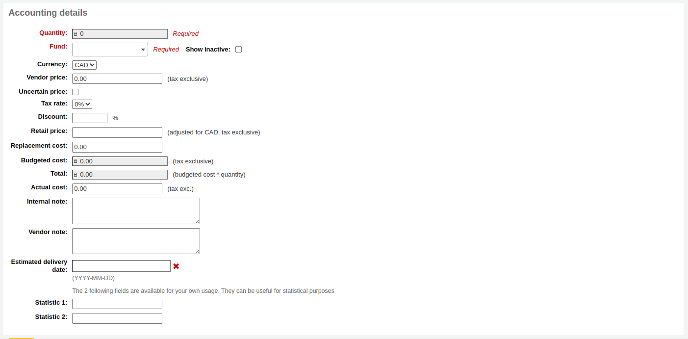 Accounting details section of the order form