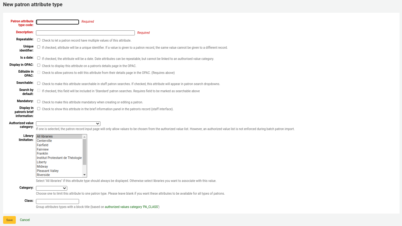 Patron attribute form