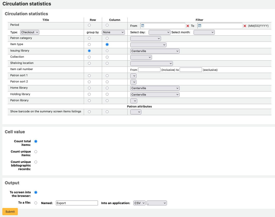 Circulation statistics reporting wizard, with options to select the report parameters