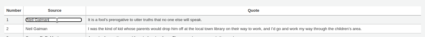 Clicking in the table on the source or the text of a quote will open a editable field