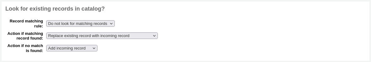 The 'Look for existing records in catalog' section of the record staging form