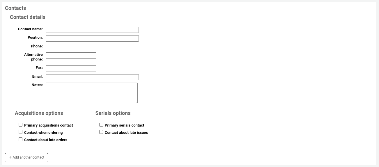 Contacts section of the new vendor form