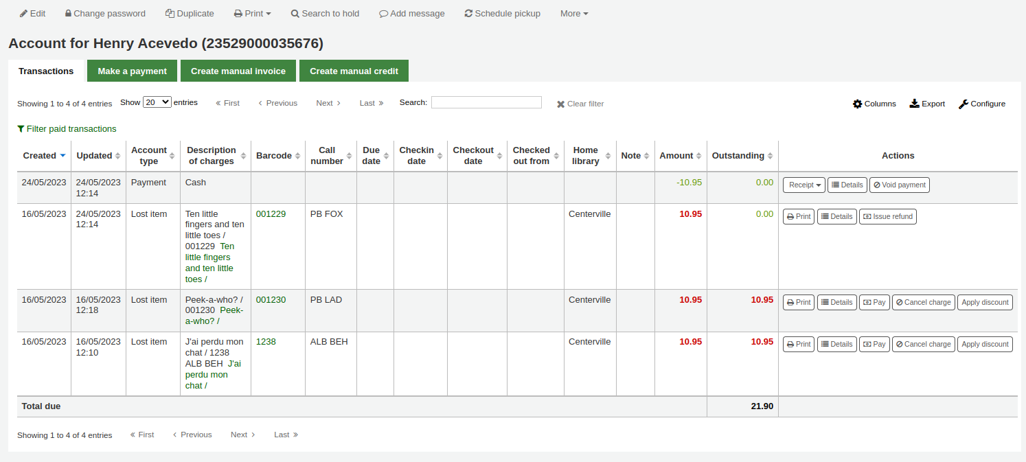 Transactions tab in the patron's accounting tab in the staff interface