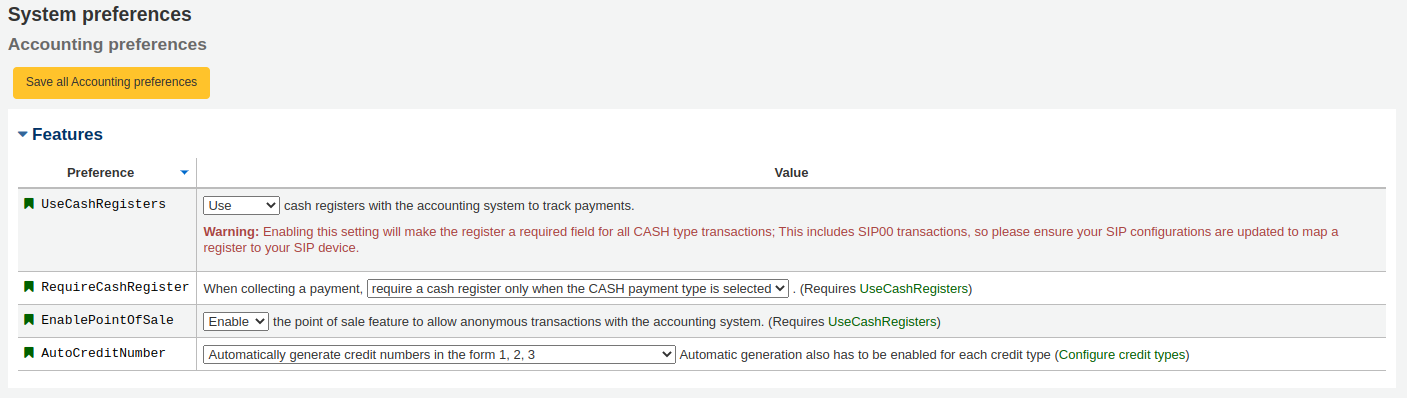 Screenshot of the Features system preferences for the Accounting section. Preferences are in reverse alphabetical order.