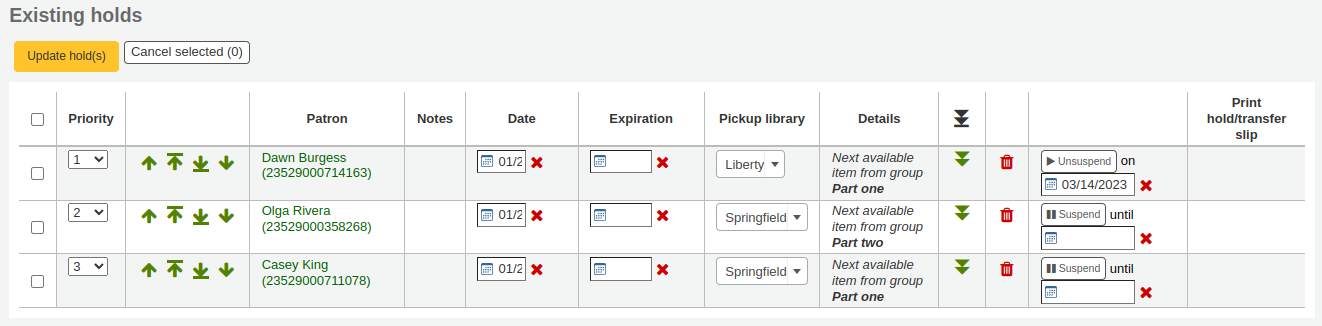 List of existing holds on a record, the first hold is suspended until 03/14/2023